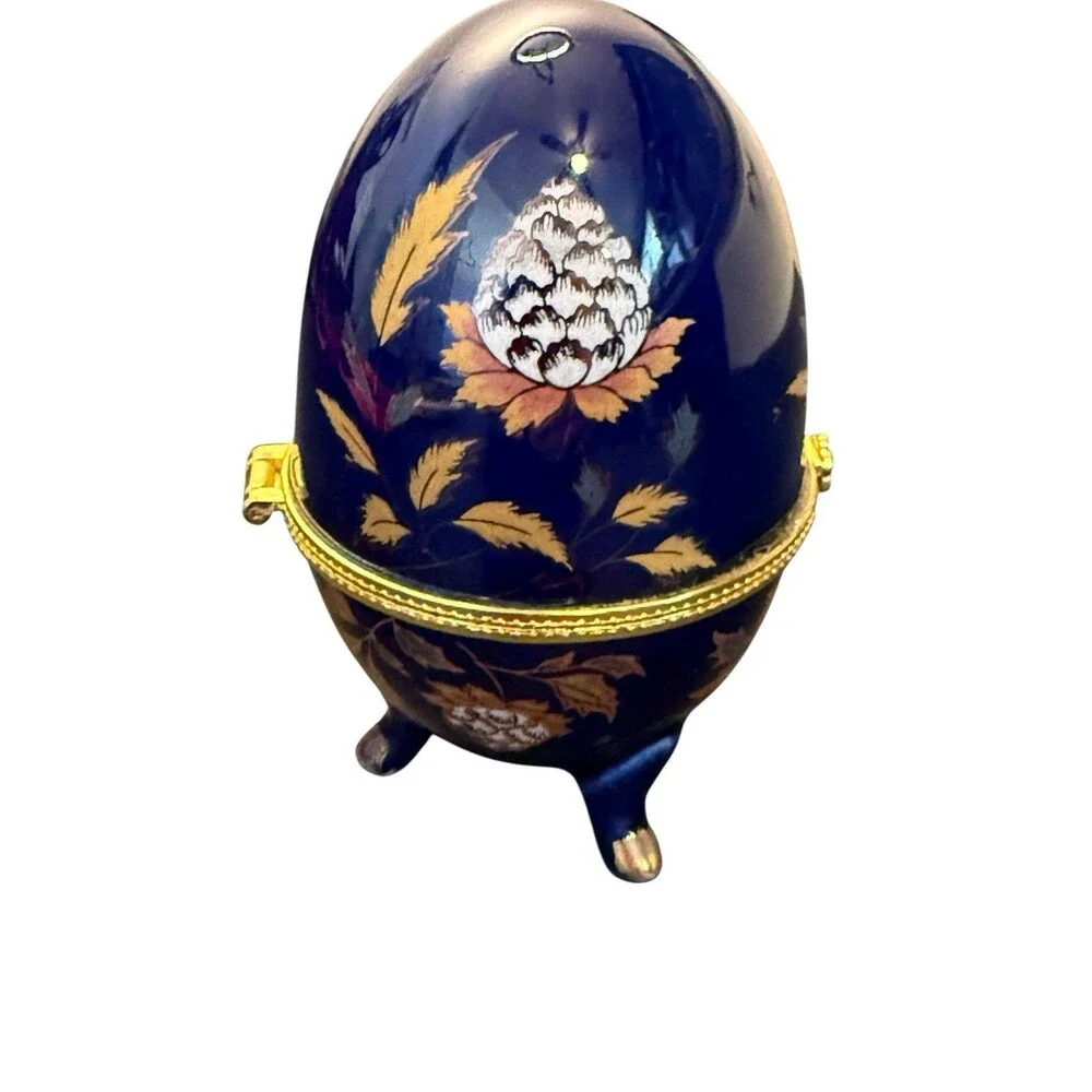 Cobalt Blue Porcelain Egg Form Trinket Box w/ Flowers Decoration
